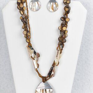 Artisan Shell & Beaded Necklace 24" & Pierced Earring 2" Set